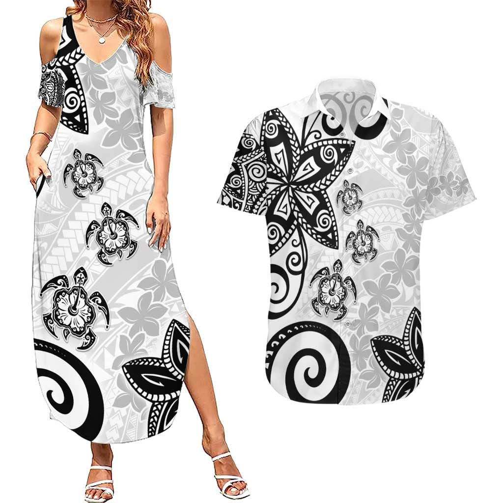 Polynesia Couples Matching Summer Maxi Dress and Hawaiian Shirt White Tribal Turtle Floral Pattern