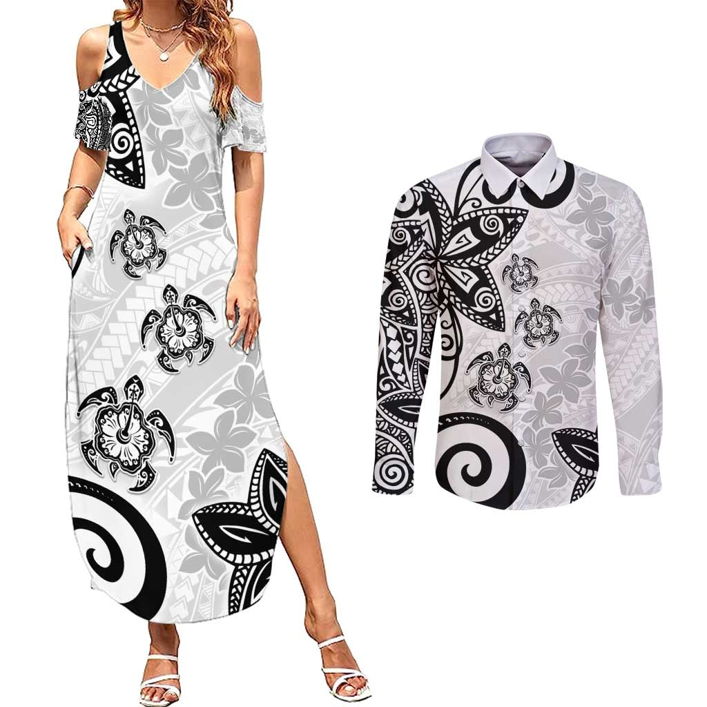 Polynesia Couples Matching Summer Maxi Dress and Long Sleeve Button Shirt White Tribal Turtle Floral Pattern