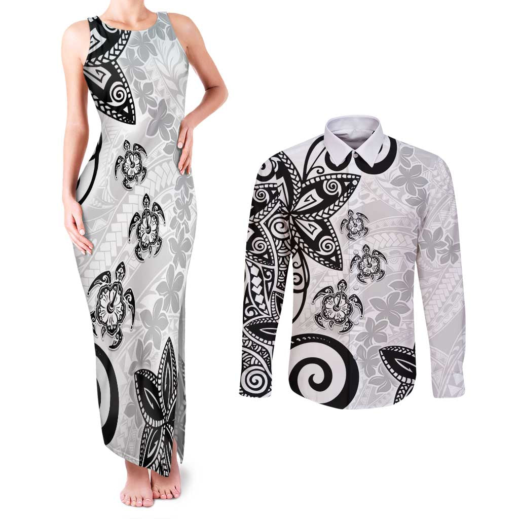 Polynesia Couples Matching Tank Maxi Dress and Long Sleeve Button Shirt White Tribal Turtle Floral Pattern