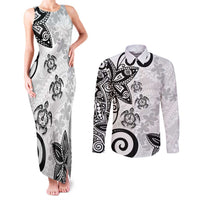 Polynesia Couples Matching Tank Maxi Dress and Long Sleeve Button Shirt White Tribal Turtle Floral Pattern