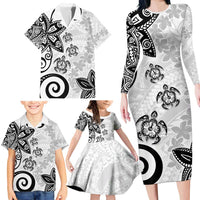 Polynesia Family Matching Long Sleeve Bodycon Dress and Hawaiian Shirt White Tribal Turtle Floral Pattern LT05 - Polynesian Pride