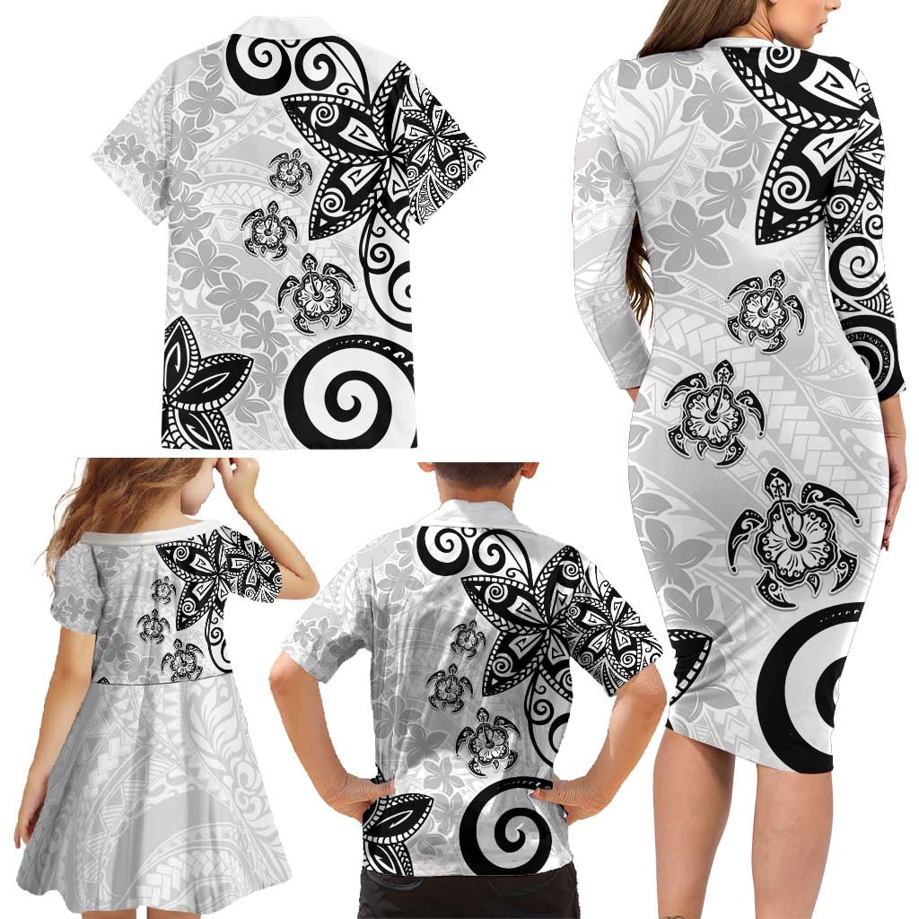 Polynesia Family Matching Long Sleeve Bodycon Dress and Hawaiian Shirt White Tribal Turtle Floral Pattern LT05 - Polynesian Pride