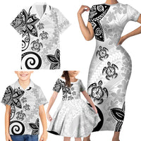 Polynesia Family Matching Short Sleeve Bodycon Dress and Hawaiian Shirt White Tribal Turtle Floral Pattern LT05 - Polynesian Pride