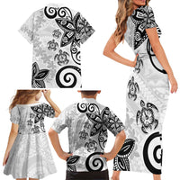 Polynesia Family Matching Short Sleeve Bodycon Dress and Hawaiian Shirt White Tribal Turtle Floral Pattern LT05 - Polynesian Pride