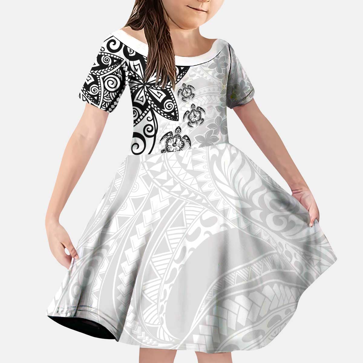 Polynesia Kid Short Sleeve Dress White Tribal Turtle Floral Pattern LT05 KID White - Polynesian Pride