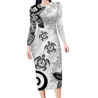 Polynesia Long Sleeve Bodycon Dress White Tribal Turtle Floral Pattern LT05 Long Dress White - Polynesian Pride