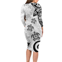 Polynesia Long Sleeve Bodycon Dress White Tribal Turtle Floral Pattern LT05 - Polynesian Pride