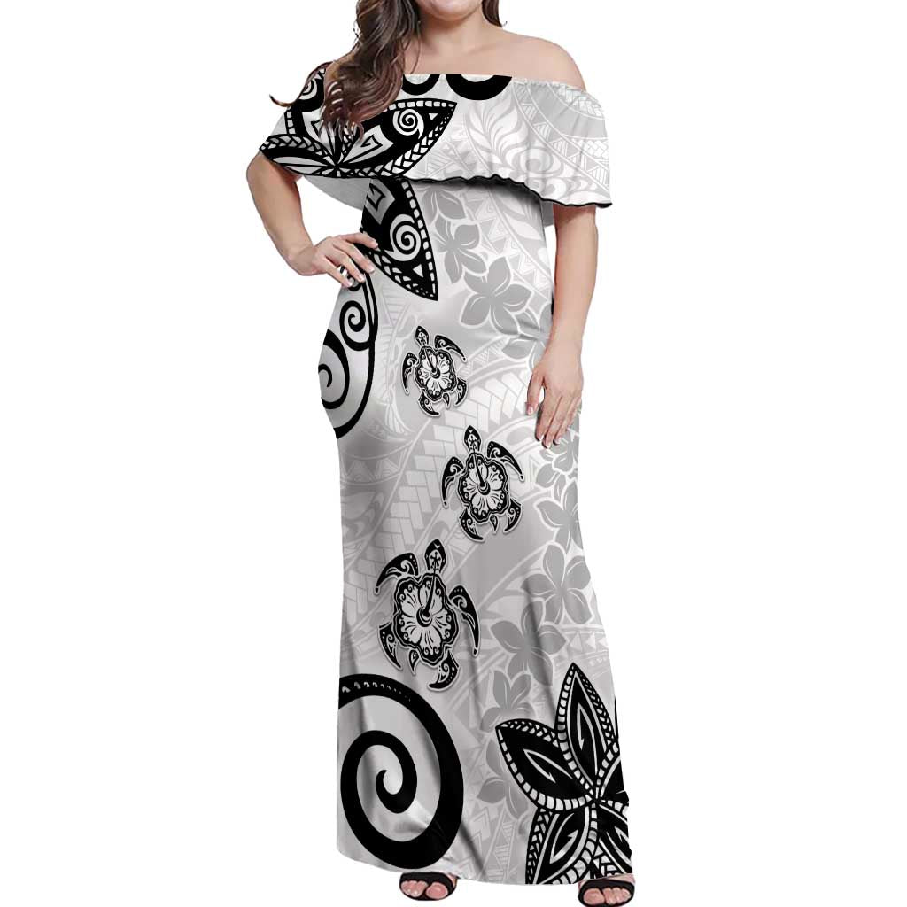 Polynesia Off Shoulder Maxi Dress White Tribal Turtle Floral Pattern LT05 Women White - Polynesian Pride
