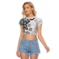 Polynesia Raglan Cropped T Shirt White Tribal Turtle Floral Pattern LT05 Female White - Polynesian Pride