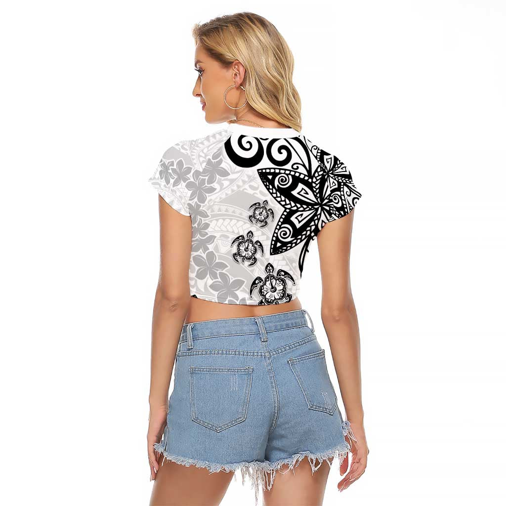Polynesia Raglan Cropped T Shirt White Tribal Turtle Floral Pattern LT05 - Polynesian Pride