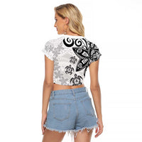Polynesia Raglan Cropped T Shirt White Tribal Turtle Floral Pattern LT05 - Polynesian Pride