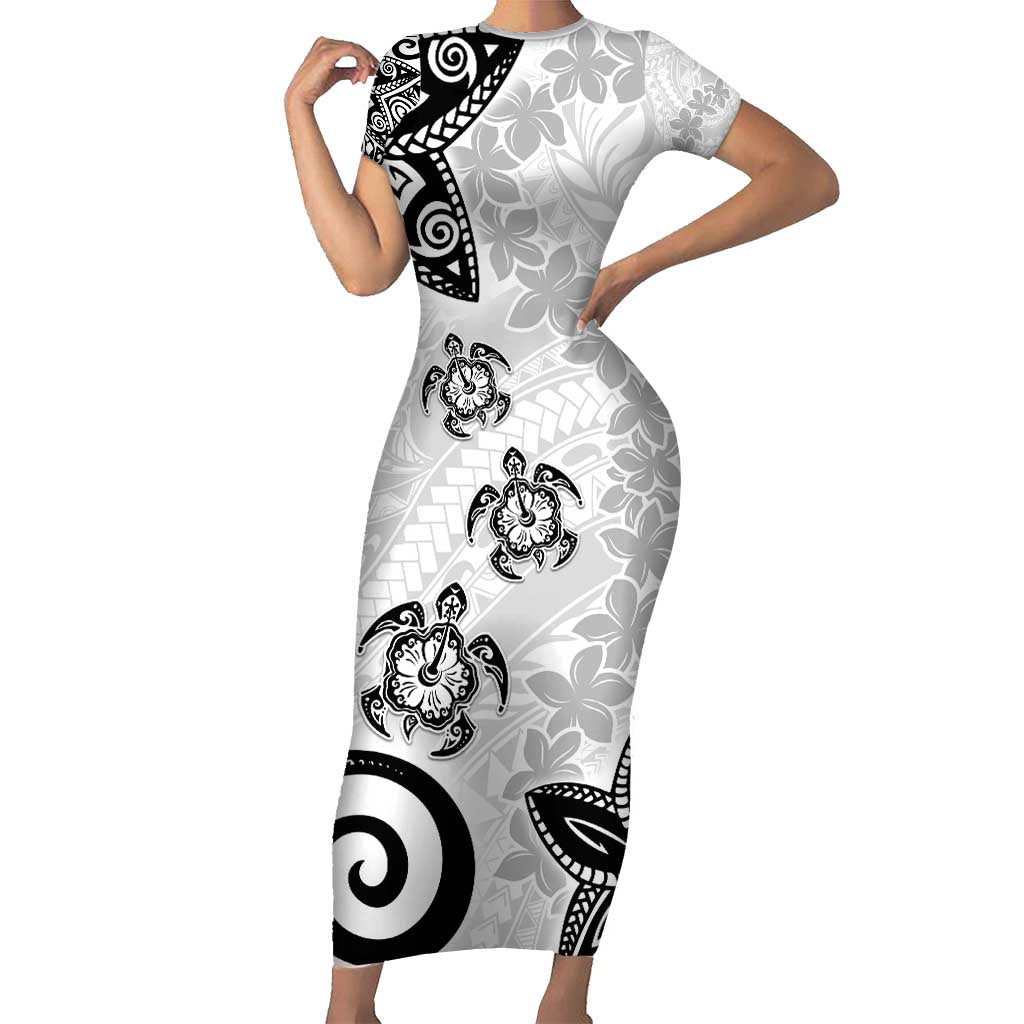 Polynesia Short Sleeve Bodycon Dress White Tribal Turtle Floral Pattern