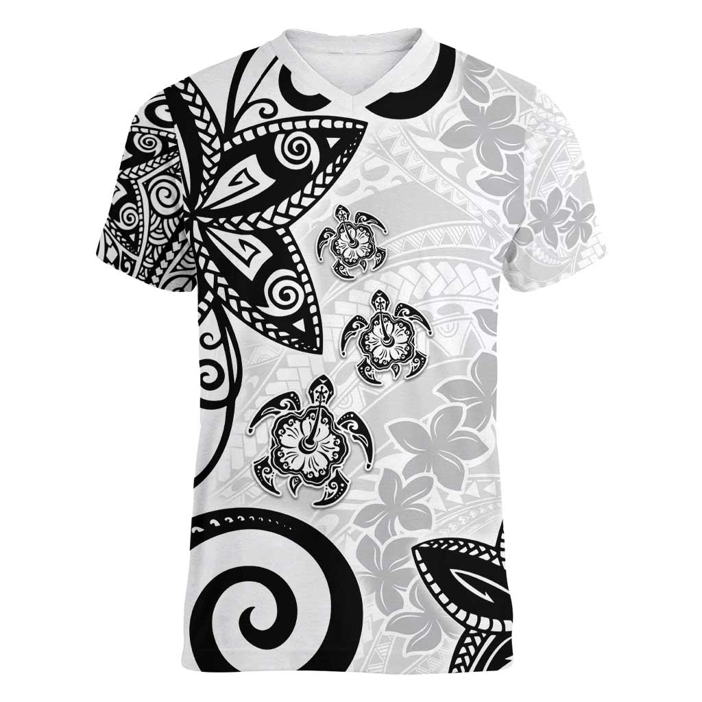 Polynesia Women V-Neck T-Shirt White Tribal Turtle Floral Pattern LT05 Female White - Polynesian Pride
