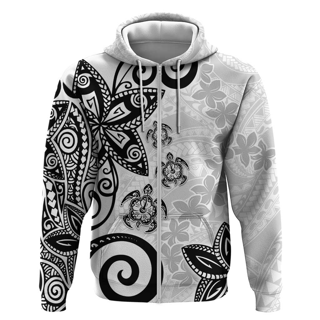 Polynesia Zip Hoodie White Tribal Turtle Floral Pattern