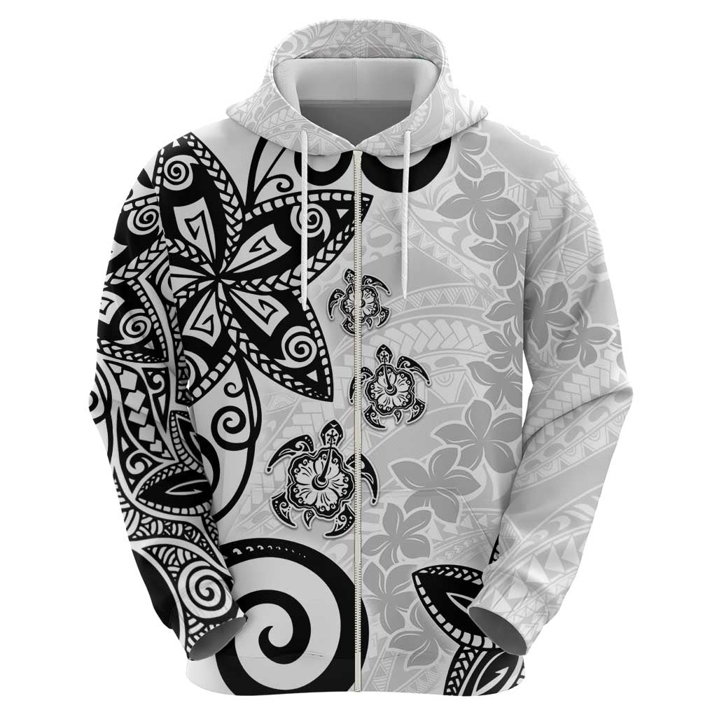Polynesia Zip Hoodie White Tribal Turtle Floral Pattern