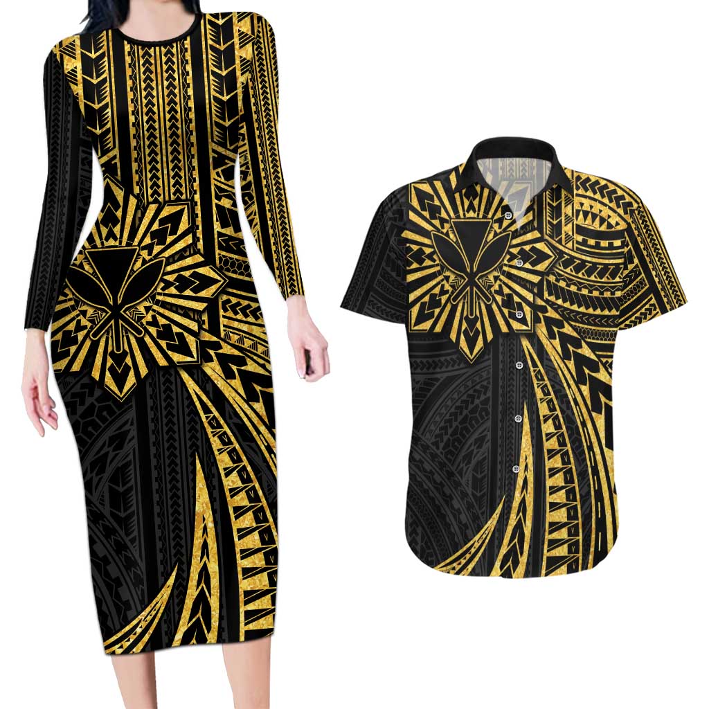 Hawaii And Philippines Couples Matching Long Sleeve Bodycon Dress and Hawaiian Shirt Kanaka Maoli With Tribal Sun Together Gold LT05 Gold - Polynesian Pride