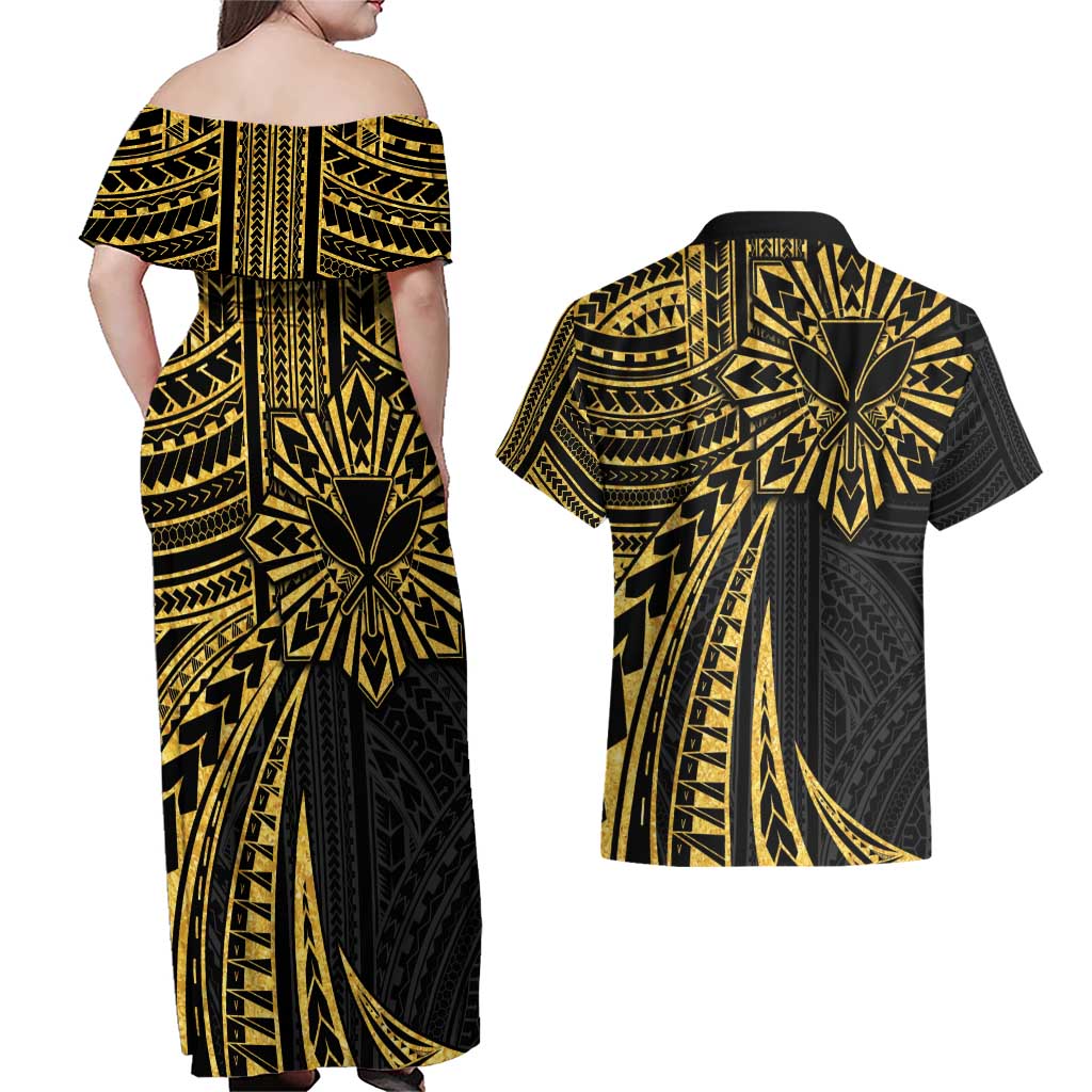 Hawaii And Philippines Couples Matching Off Shoulder Maxi Dress and Hawaiian Shirt Kanaka Maoli With Tribal Sun Together Gold LT05 - Polynesian Pride