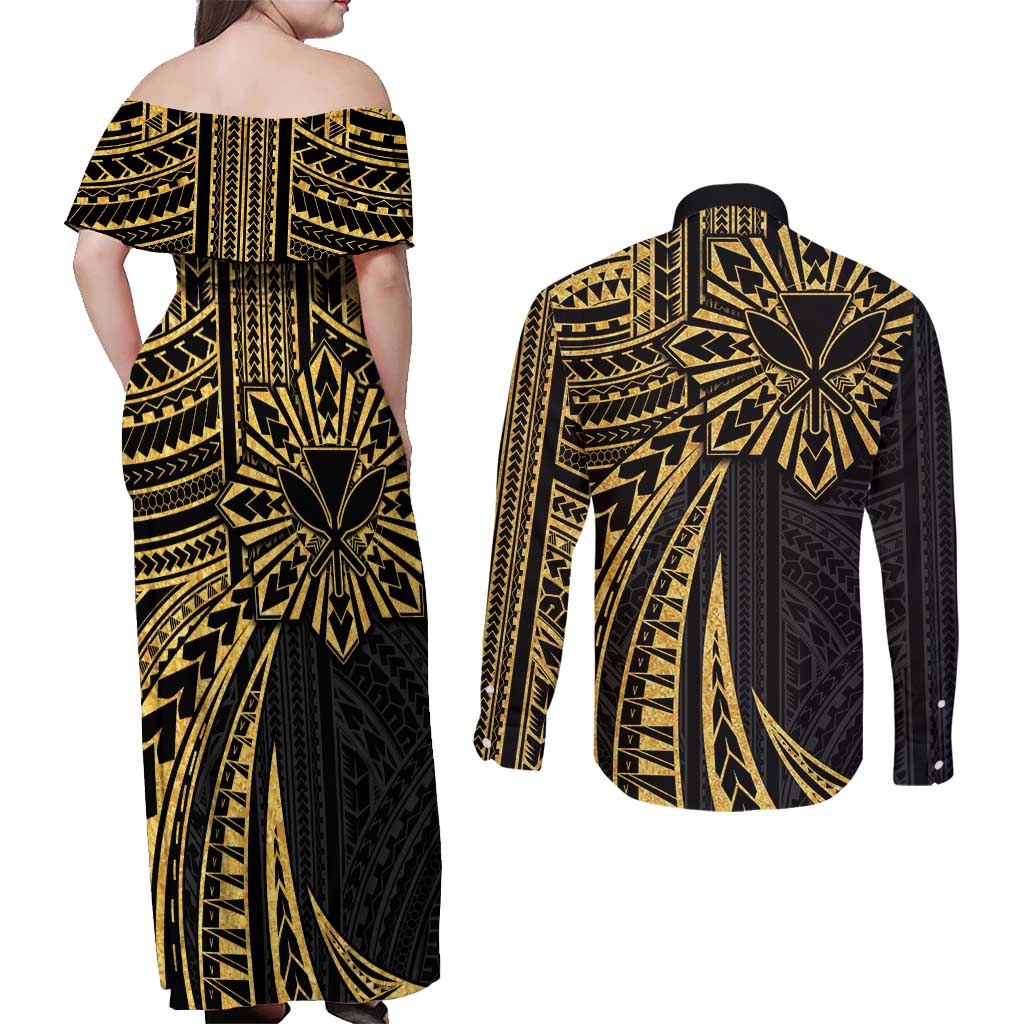 Hawaii And Philippines Couples Matching Off Shoulder Maxi Dress and Long Sleeve Button Shirt Kanaka Maoli With Tribal Sun Together Gold