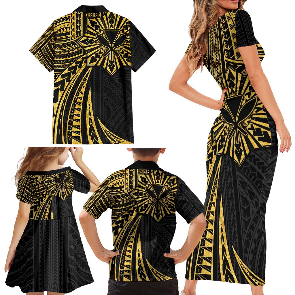 Hawaii And Philippines Family Matching Short Sleeve Bodycon Dress and Hawaiian Shirt Kanaka Maoli With Tribal Sun Together Gold