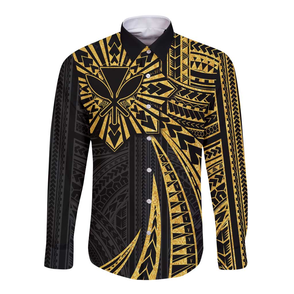 Hawaii And Philippines Long Sleeve Button Shirt Kanaka Maoli With Tribal Sun Together Gold LT05 Unisex Gold - Polynesian Pride
