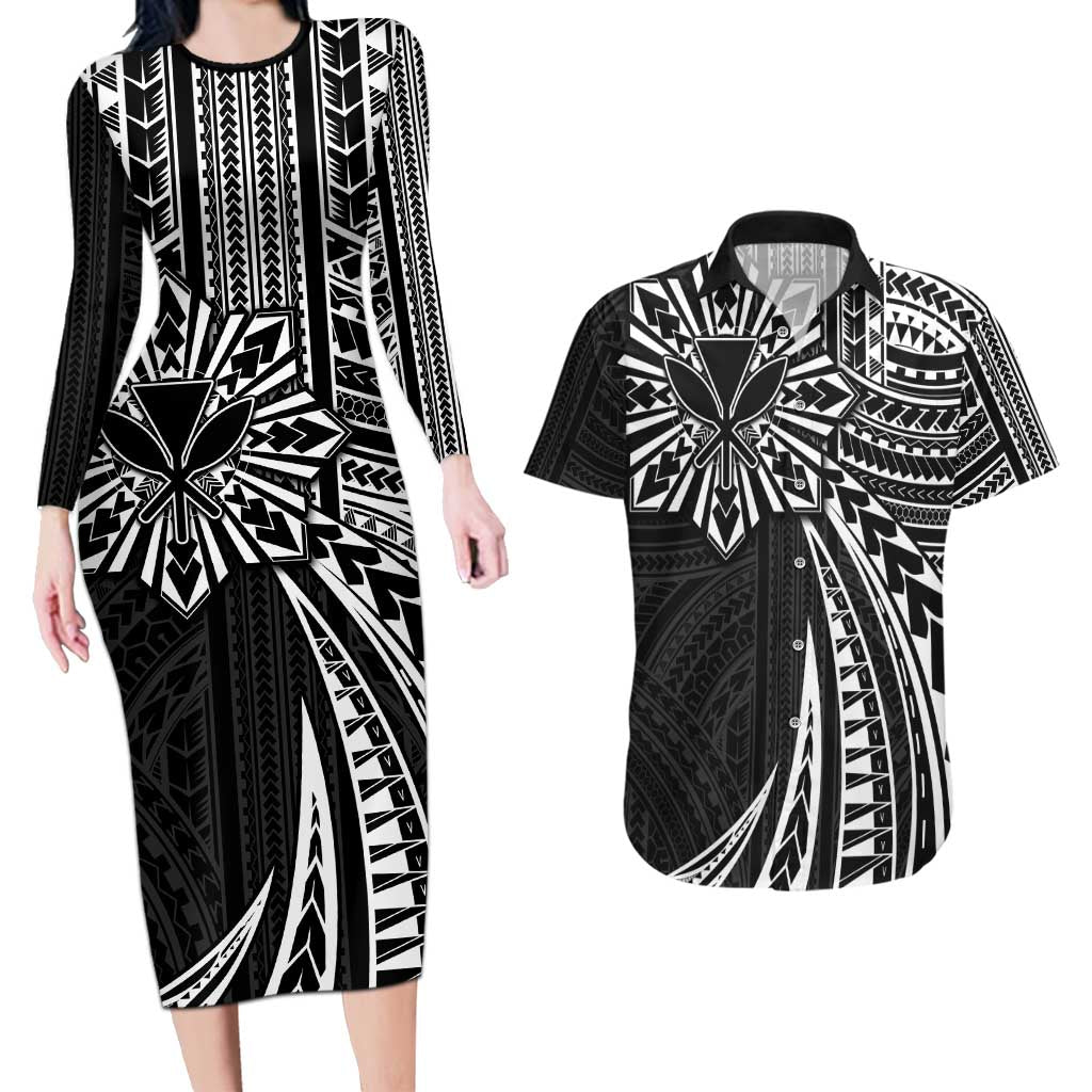 Hawaii And Philippines Couples Matching Long Sleeve Bodycon Dress and Hawaiian Shirt Kanaka Maoli With Tribal Sun Together Black LT05 Black - Polynesian Pride