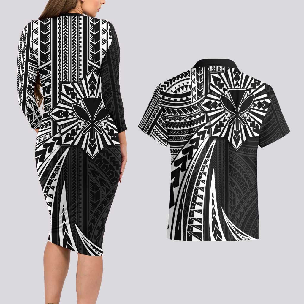 Hawaii And Philippines Couples Matching Long Sleeve Bodycon Dress and Hawaiian Shirt Kanaka Maoli With Tribal Sun Together Black LT05 - Polynesian Pride