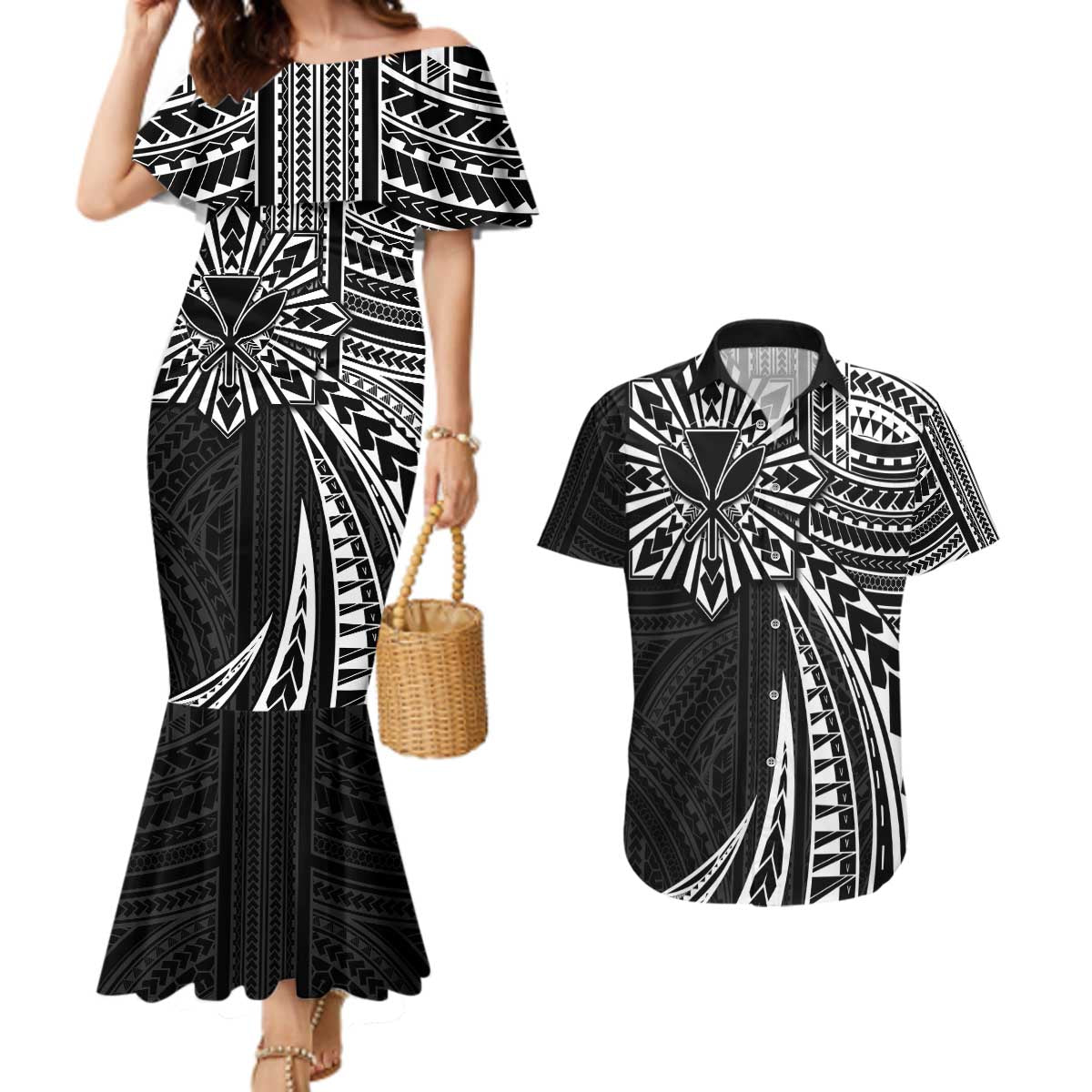 Hawaii And Philippines Couples Matching Mermaid Dress and Hawaiian Shirt Kanaka Maoli With Tribal Sun Together Black