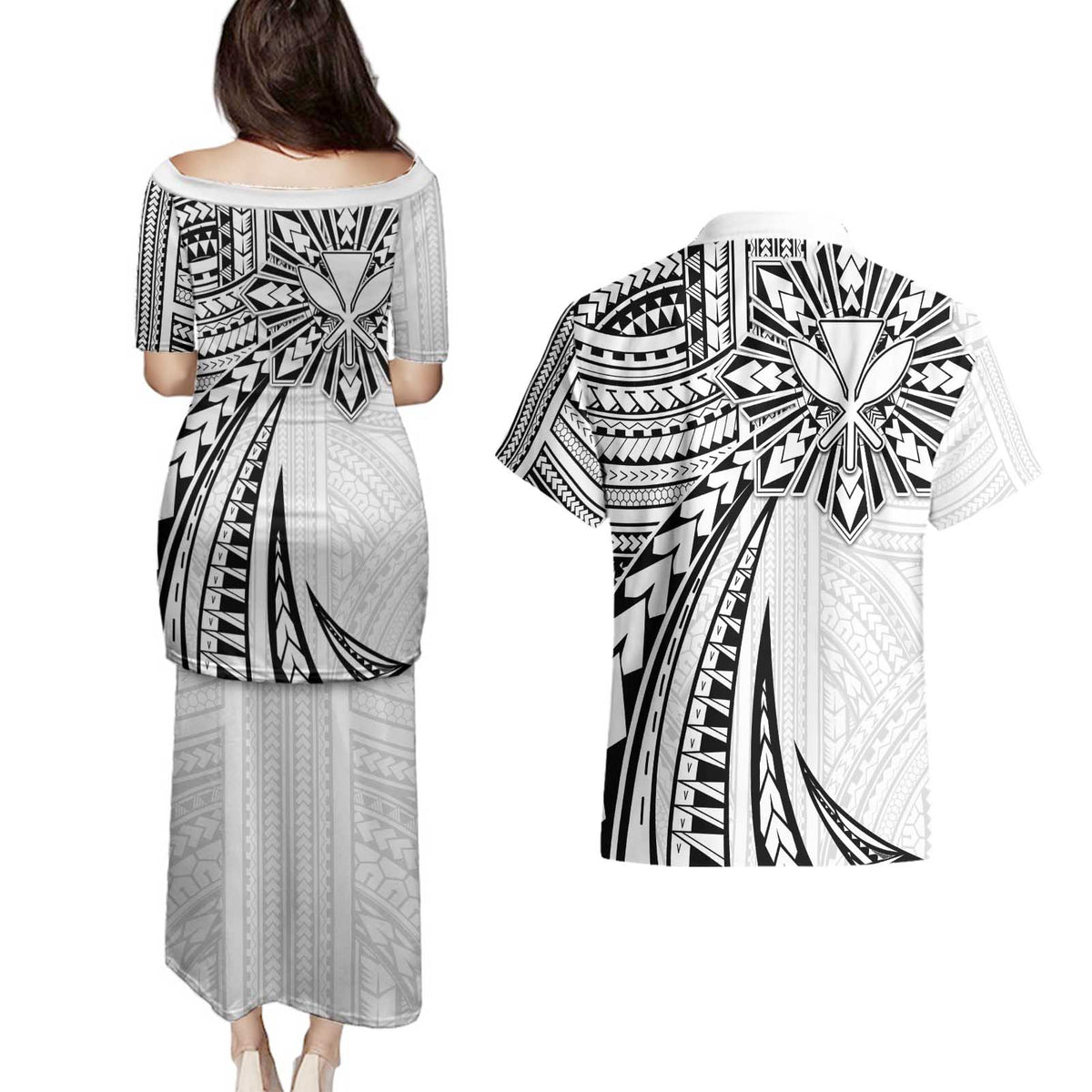Hawaii And Philippines Couples Matching Puletasi and Hawaiian Shirt Kanaka Maoli With Tribal Sun Together White