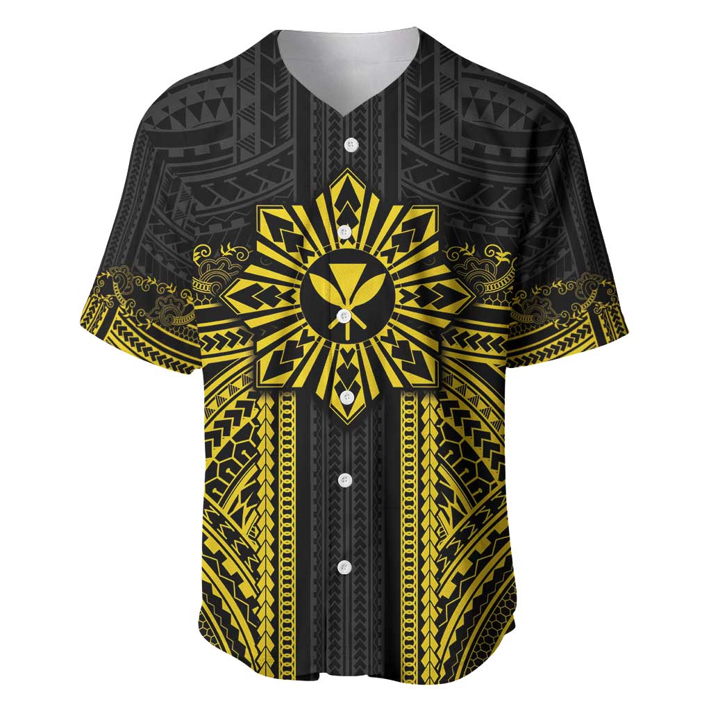 Hawaii And Philippines Together Baseball Jersey Polynesian Pattern With Filipino Barong Gold