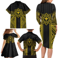 Hawaii And Philippines Together Family Matching Long Sleeve Bodycon Dress and Hawaiian Shirt Polynesian Pattern With Filipino Barong Gold
