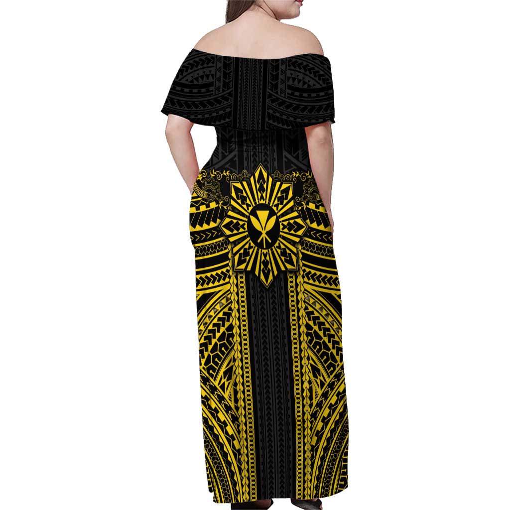 Hawaii And Philippines Together Family Matching Off Shoulder Maxi Dress and Hawaiian Shirt Polynesian Pattern With Filipino Barong Gold
