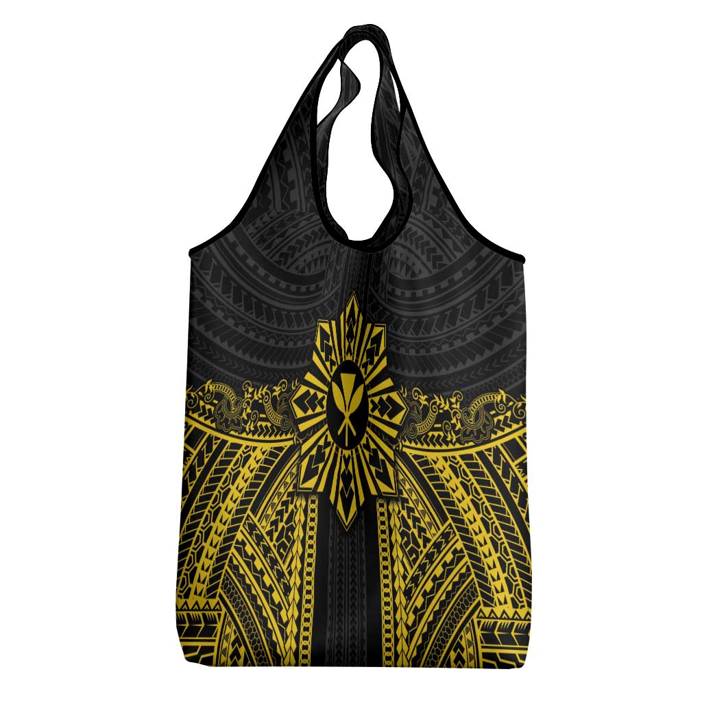 Hawaii And Philippines Together Grocery Bag Polynesian Pattern With Filipino Barong Gold