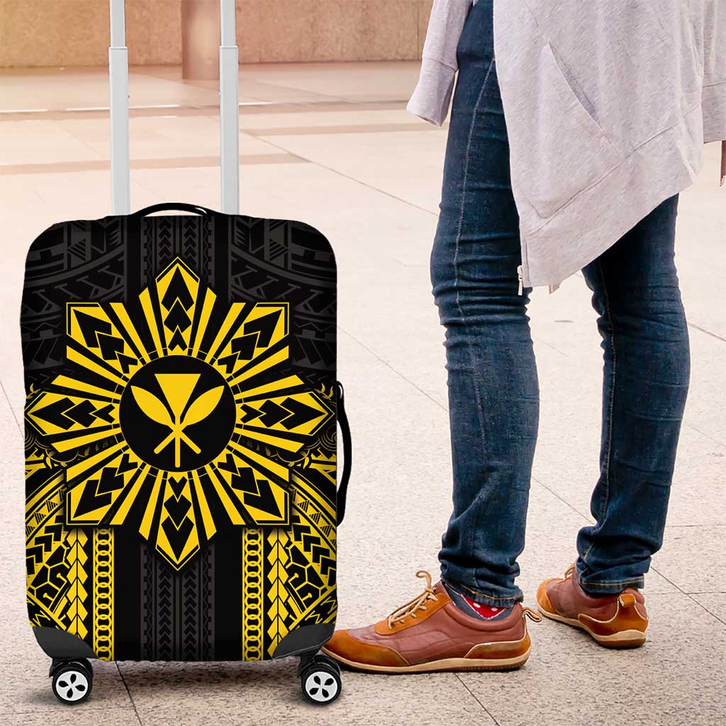 Hawaii And Philippines Together Luggage Cover Polynesian Pattern With Filipino Barong Gold