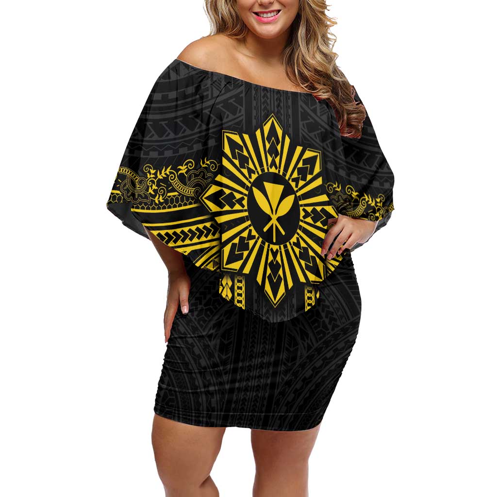 Hawaii And Philippines Together Off Shoulder Short Dress Polynesian Pattern With Filipino Barong Gold