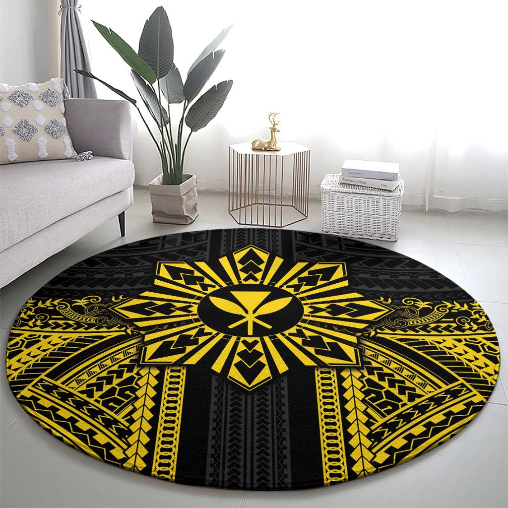Hawaii And Philippines Together Round Carpet Polynesian Pattern With Filipino Barong Gold
