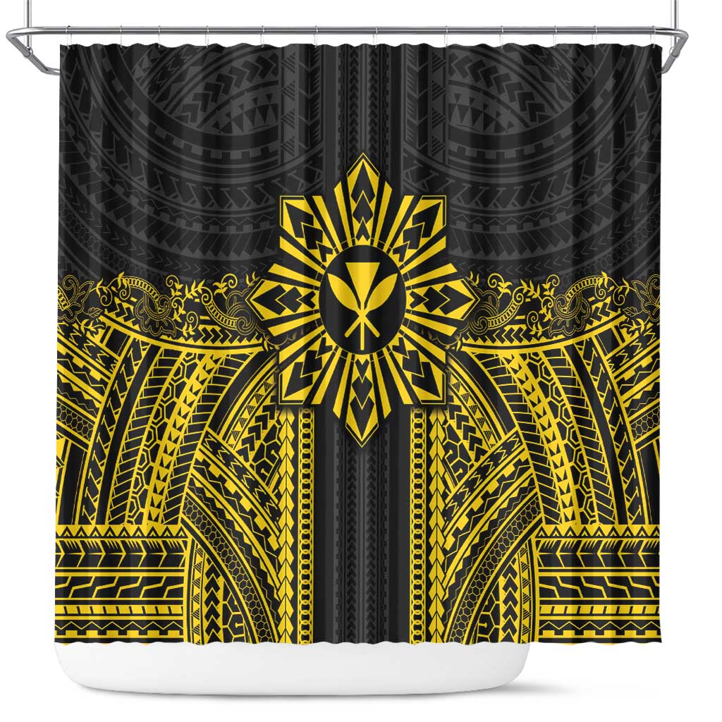 Hawaii And Philippines Together Shower Curtain Polynesian Pattern With Filipino Barong Gold