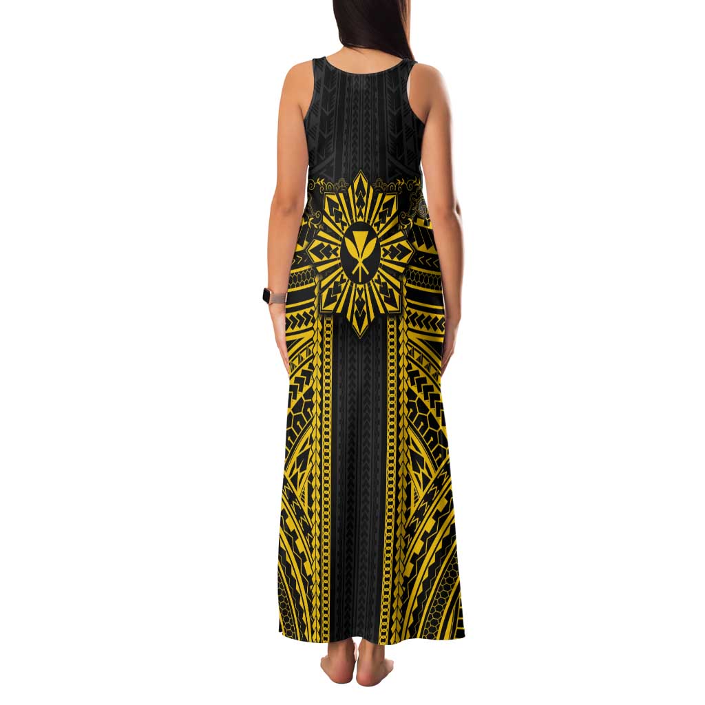 Hawaii And Philippines Together Tank Maxi Dress Polynesian Pattern With Filipino Barong Gold