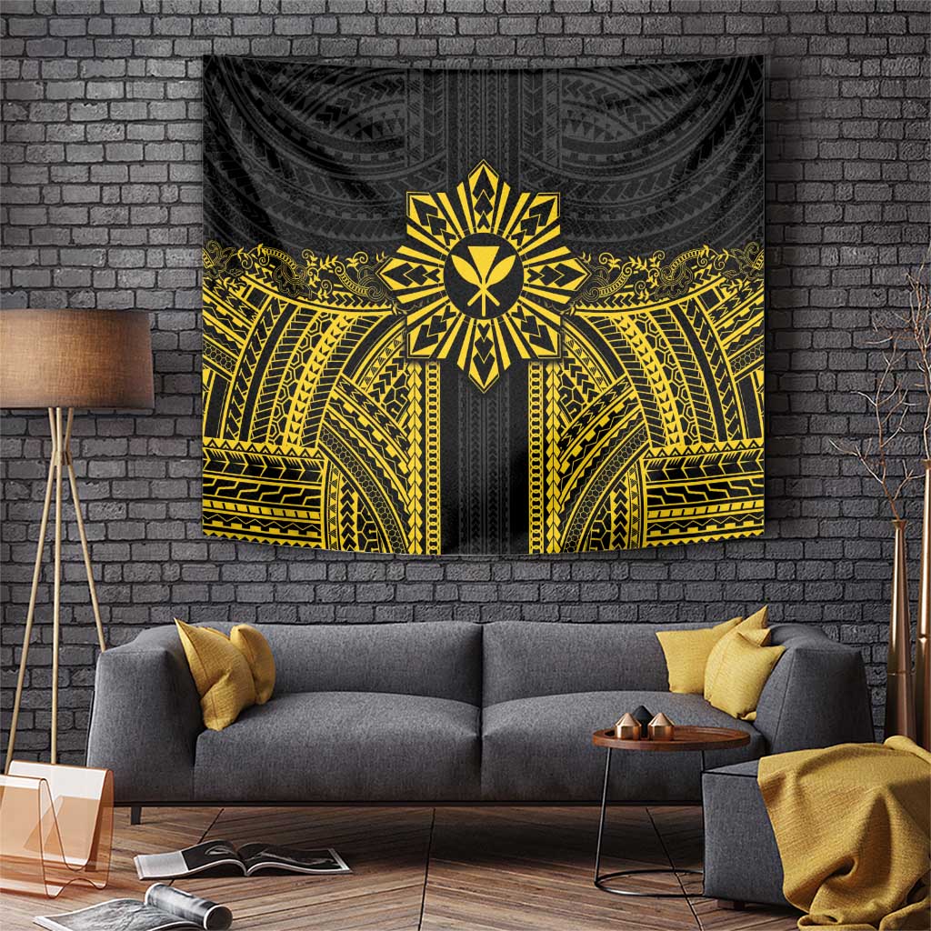 Hawaii And Philippines Together Tapestry Polynesian Pattern With Filipino Barong Gold