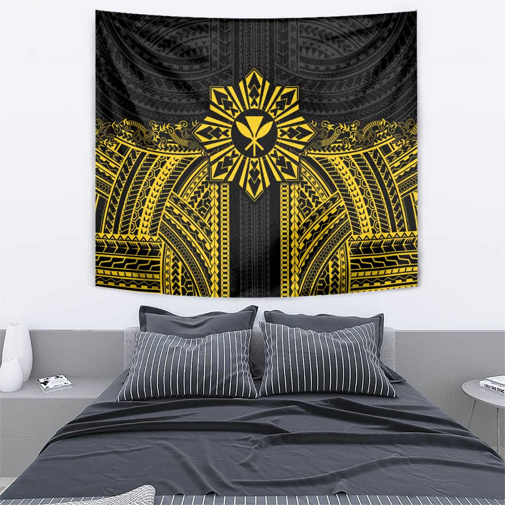 Hawaii And Philippines Together Tapestry Polynesian Pattern With Filipino Barong Gold
