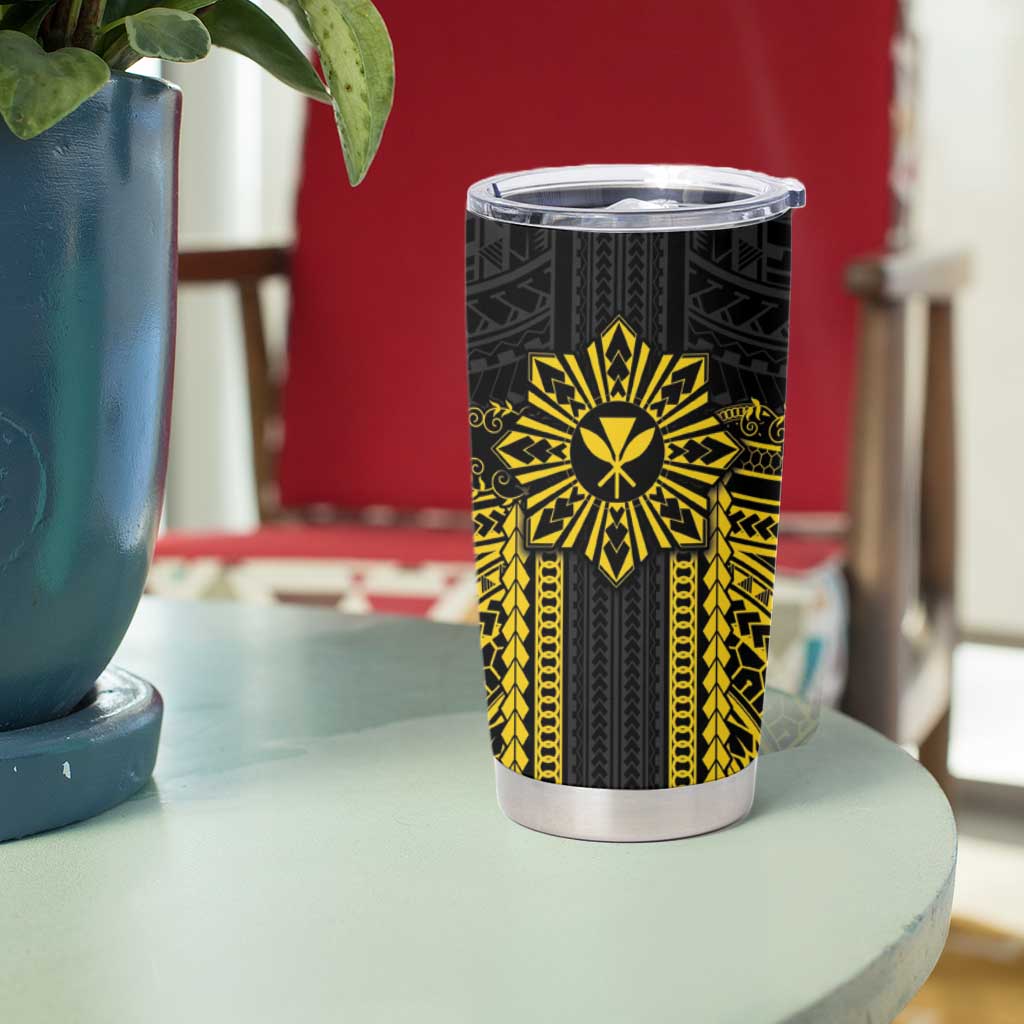 Hawaii And Philippines Together Tumbler Cup Polynesian Pattern With Filipino Barong Gold