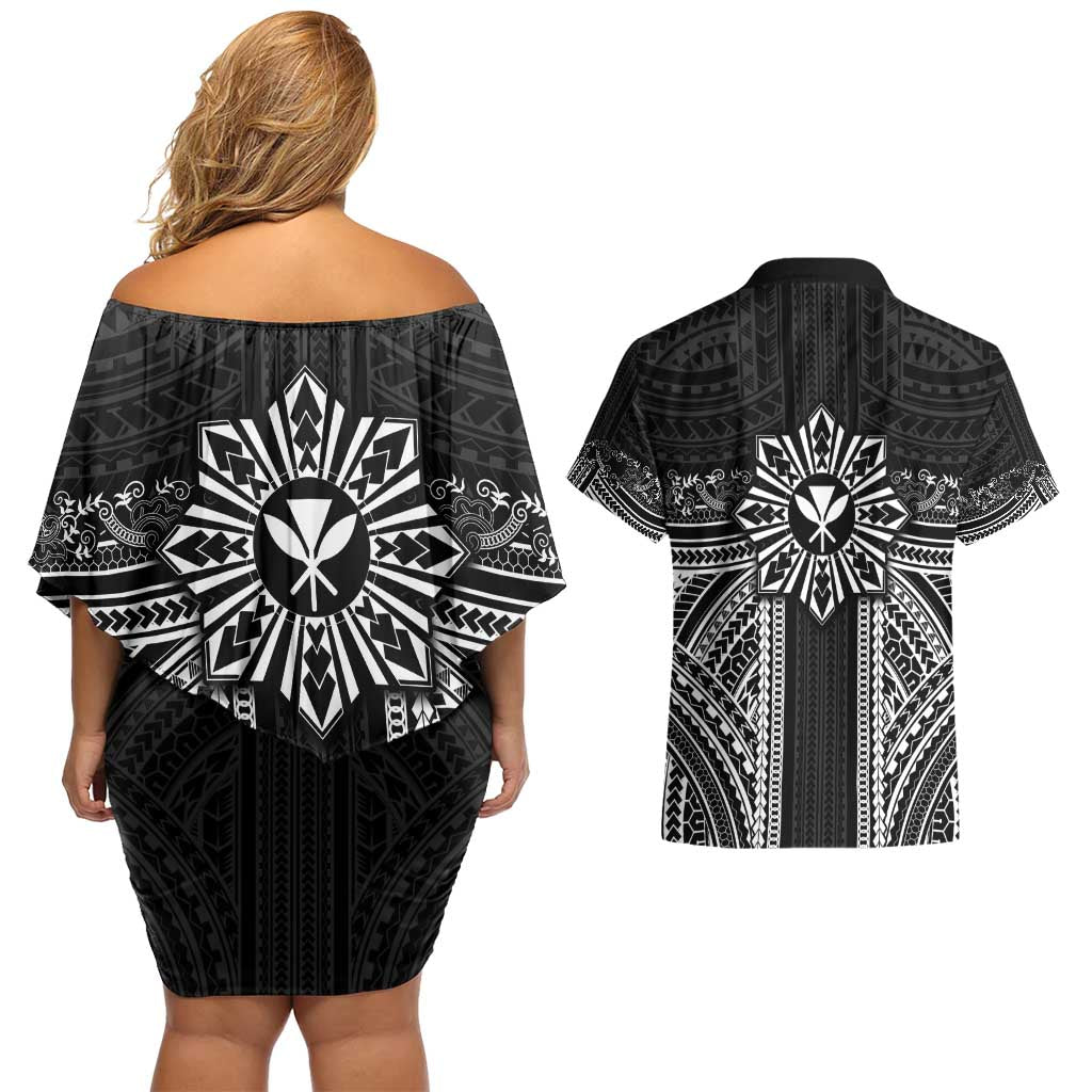 Hawaii And Philippines Together Couples Matching Off Shoulder Short Dress and Hawaiian Shirt Polynesian Pattern With Filipino Barong Black