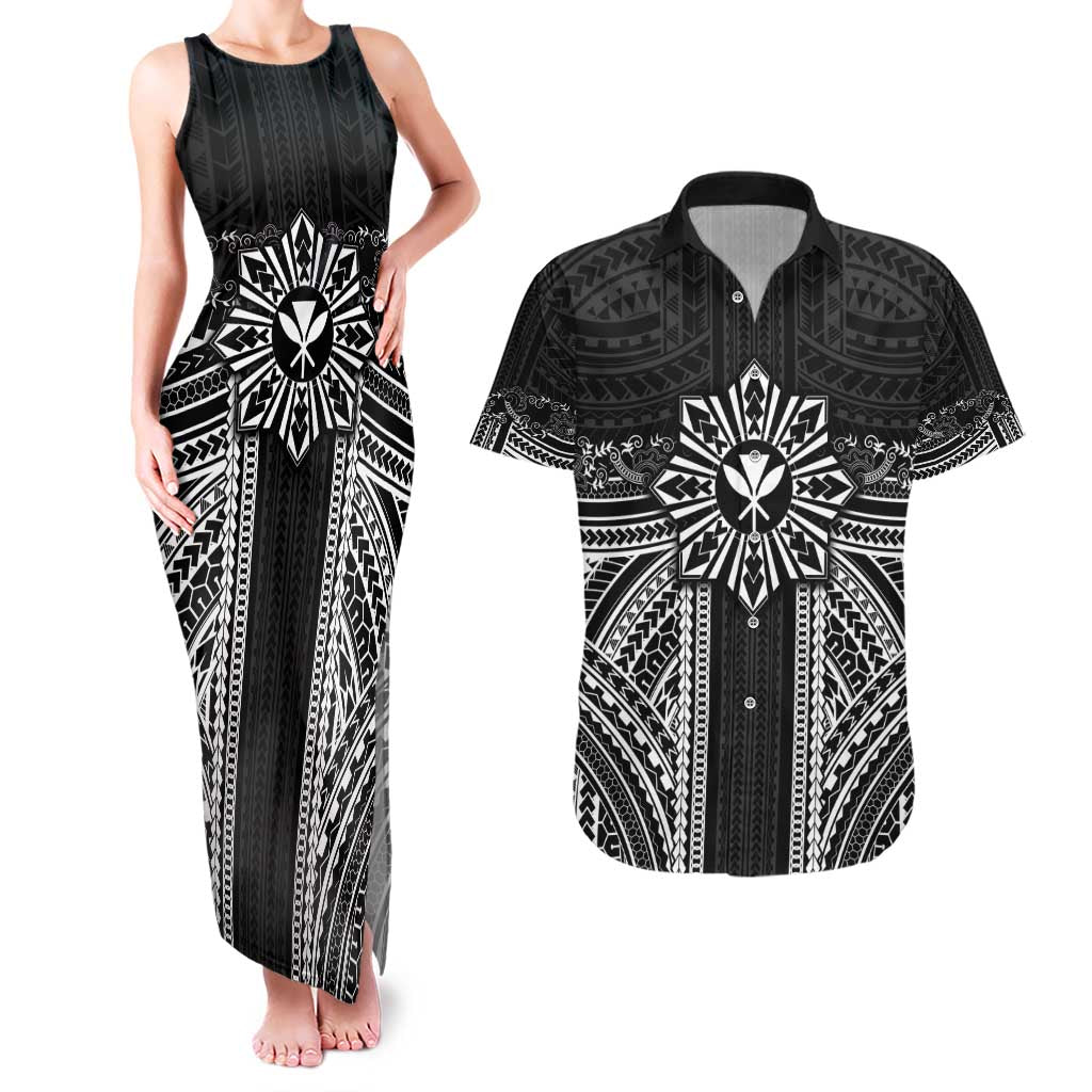 Hawaii And Philippines Together Couples Matching Tank Maxi Dress and Hawaiian Shirt Polynesian Pattern With Filipino Barong Black