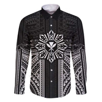 Hawaii And Philippines Together Family Matching Off The Shoulder Long Sleeve Dress and Hawaiian Shirt Polynesian Pattern With Filipino Barong Black