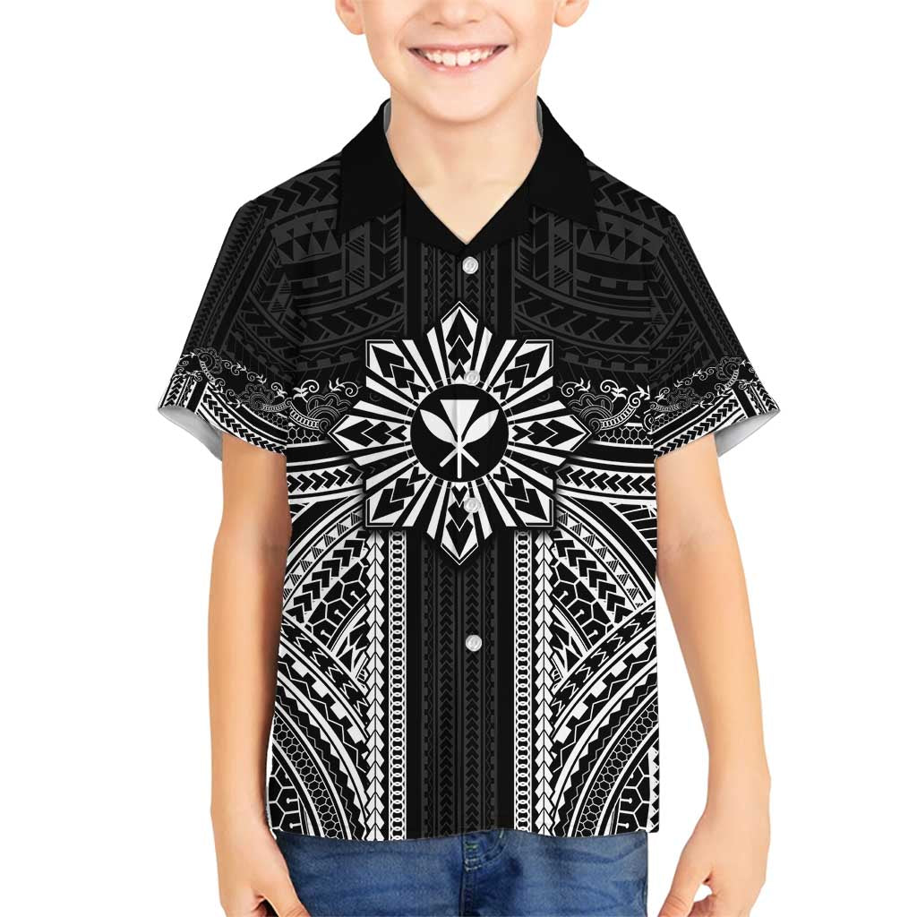 Hawaii And Philippines Together Family Matching Tank Maxi Dress and Hawaiian Shirt Polynesian Pattern With Filipino Barong Black