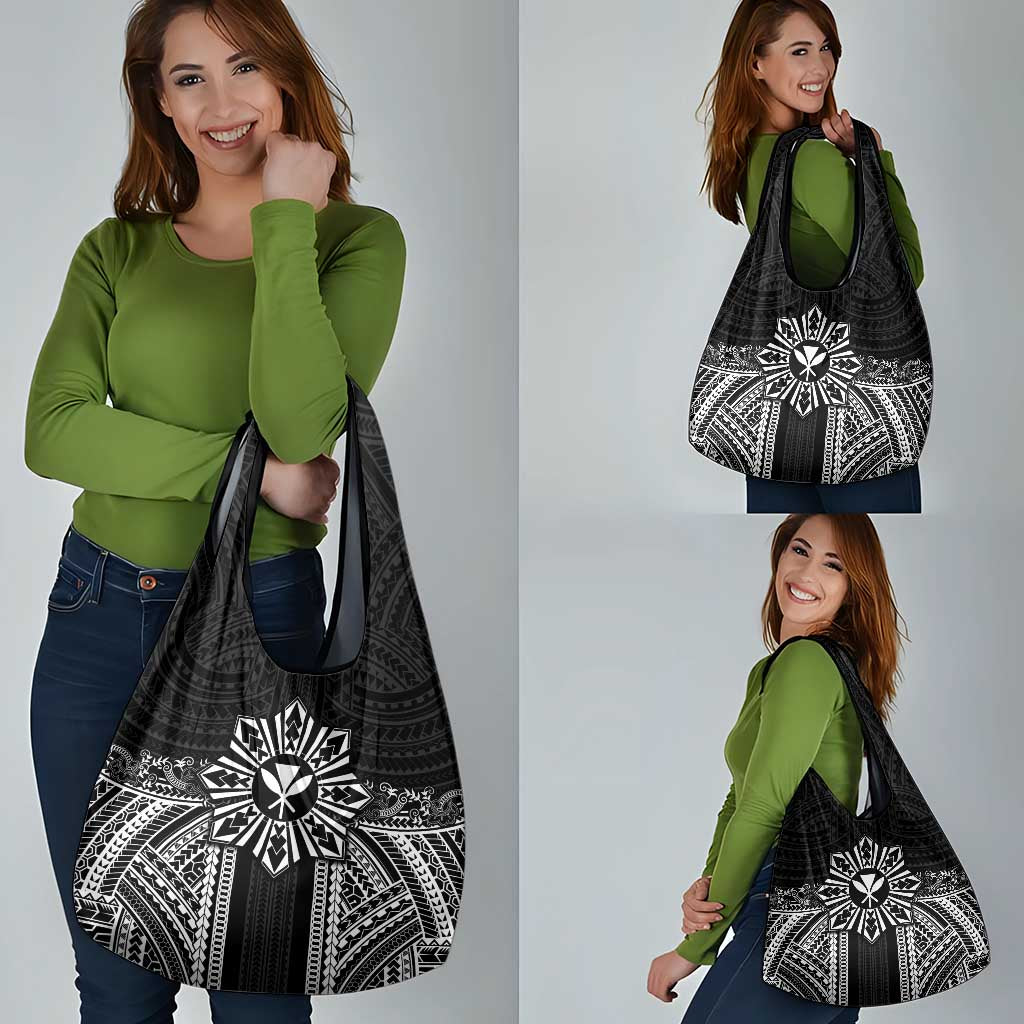 Hawaii And Philippines Together Grocery Bag Polynesian Pattern With Filipino Barong Black