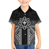 Hawaii And Philippines Together Kid Hawaiian Shirt Polynesian Pattern With Filipino Barong Black