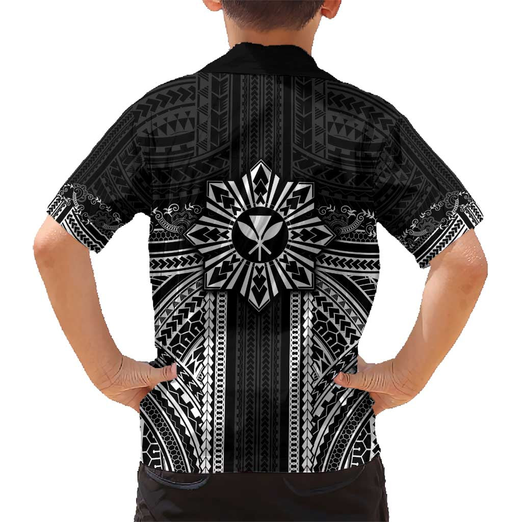 Hawaii And Philippines Together Kid Hawaiian Shirt Polynesian Pattern With Filipino Barong Black