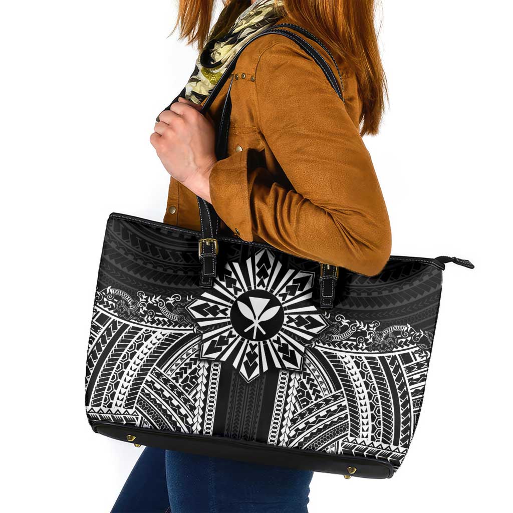 Hawaii And Philippines Together Leather Tote Bag Polynesian Pattern With Filipino Barong Black