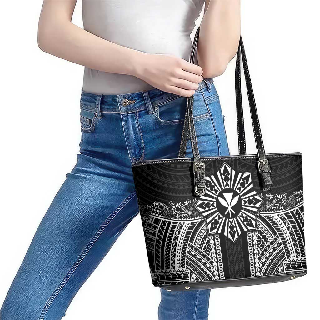 Hawaii And Philippines Together Leather Tote Bag Polynesian Pattern With Filipino Barong Black