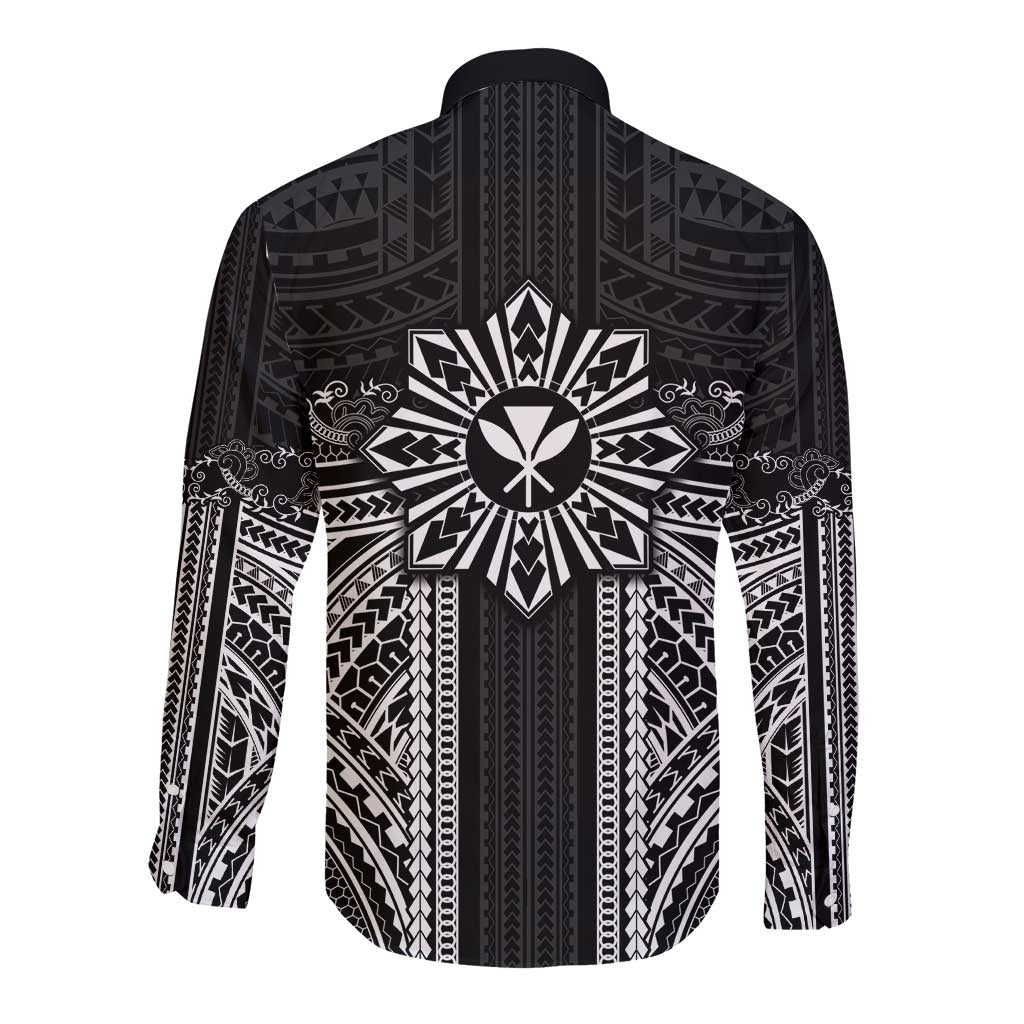 Hawaii And Philippines Together Long Sleeve Button Shirt Polynesian Pattern With Filipino Barong Black LT05 - Polynesian Pride